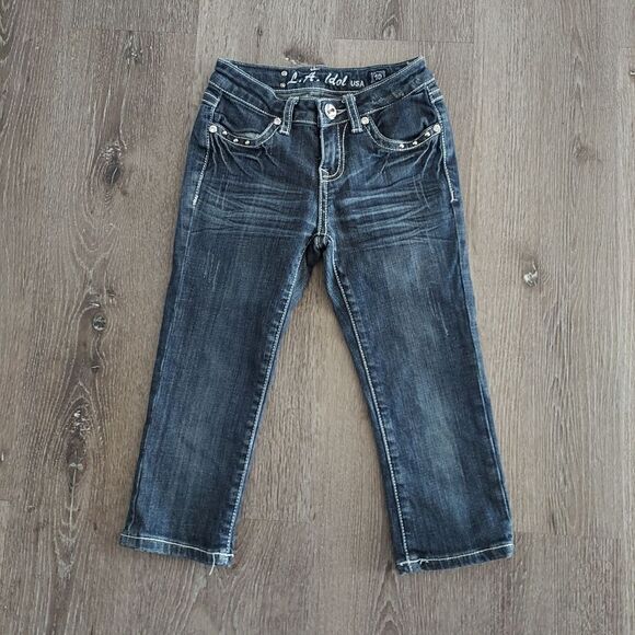 LA Idol USA Girls Denim Rhinestone Pockets Capri Jeans Size 10 - Picture 2 of 10